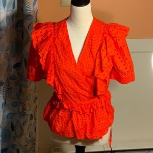 J.Crew orange ruffle deep v circle cutouts short sleeve blouse women size small.